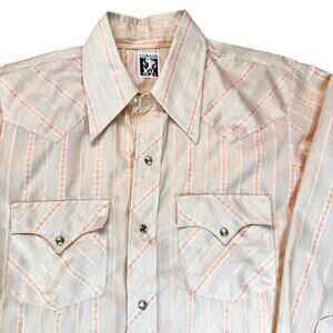 Vintage Karman Western Shirt Light Peach Stripe Pearl Snap 70s Men’s L